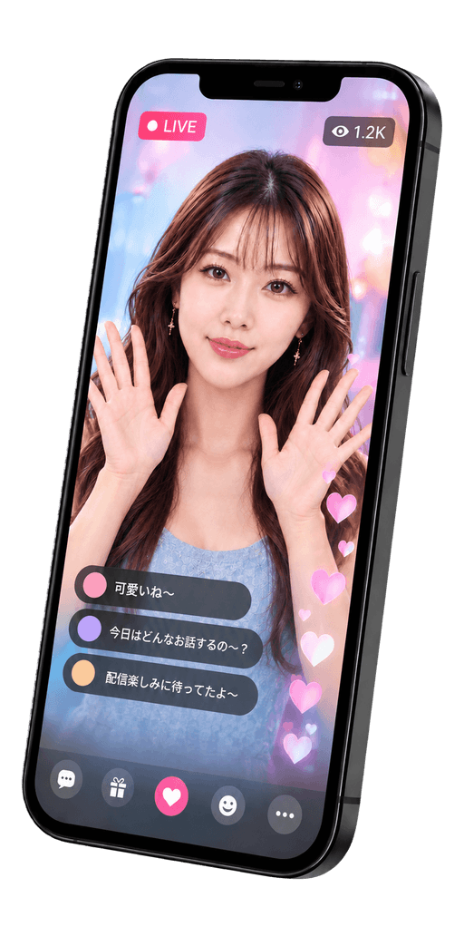 STEP 02の女性が両手を振るライブ配信アプリのスマートフォン